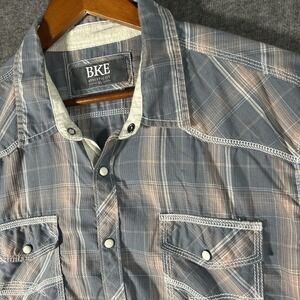 BKE Buckle XL Athletic Fit Blue White Western Shirt Short Sleeve Pearl